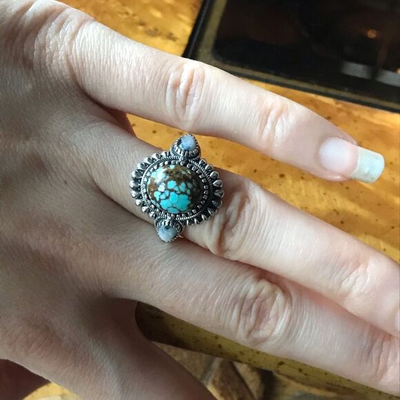 Natural White Buffalo Royston Blue Horizon Turquoise Sterling Silver Ring Size 8 - Picture 2 of 10